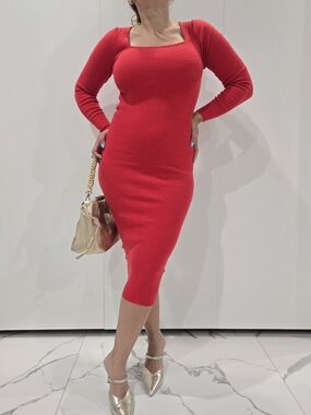 Asos Desing Knitted Fit and Flare Dress Open Back Ruby Red Office Siren Sz 4P